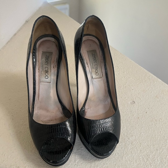 Jimmy Choo Black Python Leather Open toes heels Pumps‎ . Size 37.5 US 7.5